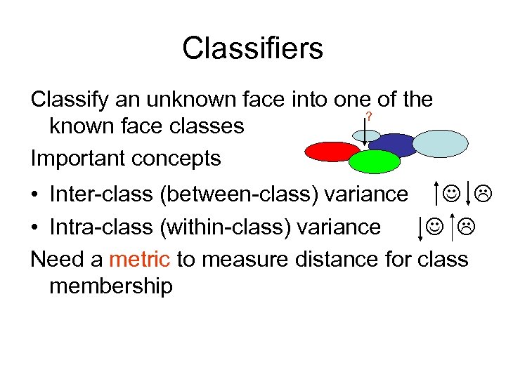 Classifiers Classify an unknown face into one of the ? known face classes Important