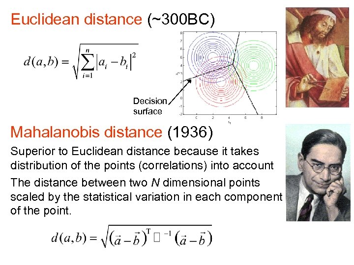Euclidean distance (~300 BC) Decision surface Mahalanobis distance (1936) Superior to Euclidean distance because