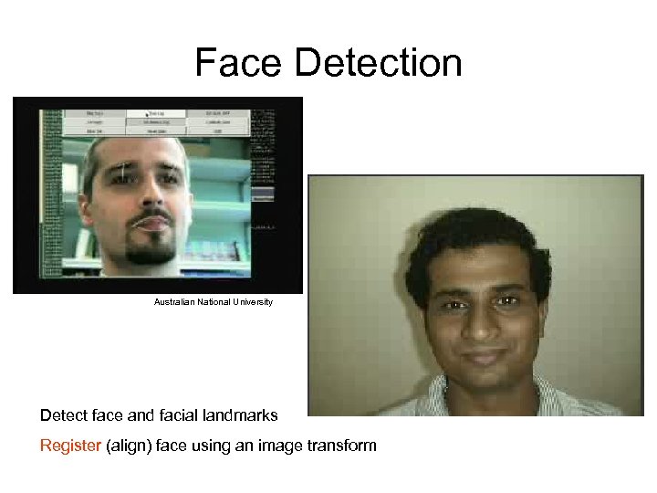 Face Detection Australian National University Detect face and facial landmarks Register (align) face using