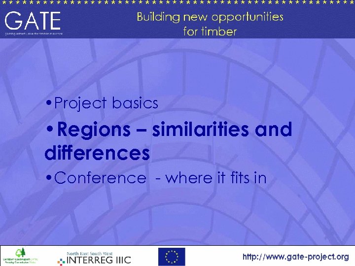  • Project basics • Regions – similarities and differences • Conference - where
