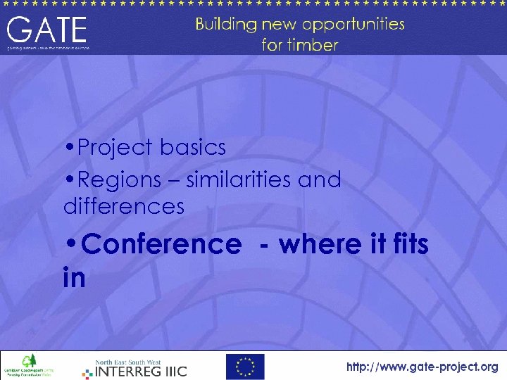  • Project basics • Regions – similarities and differences • Conference - where