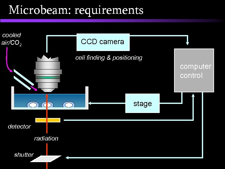 Microbeam: requirements cooled air/CO 2 CCD camera cell finding & positioning computer control stage