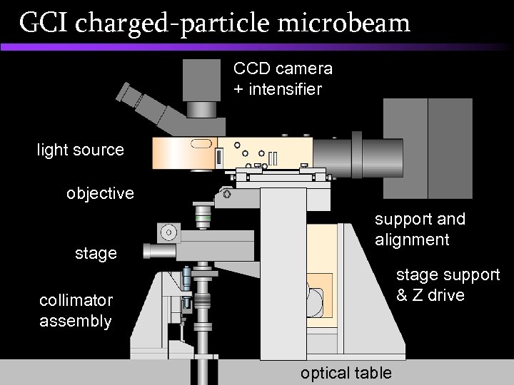 GCI charged-particle microbeam CCD camera + intensifier light source objective stage support and alignment