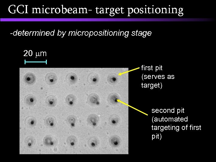 GCI microbeam- target positioning -determined by micropositioning stage 20 m first pit (serves as