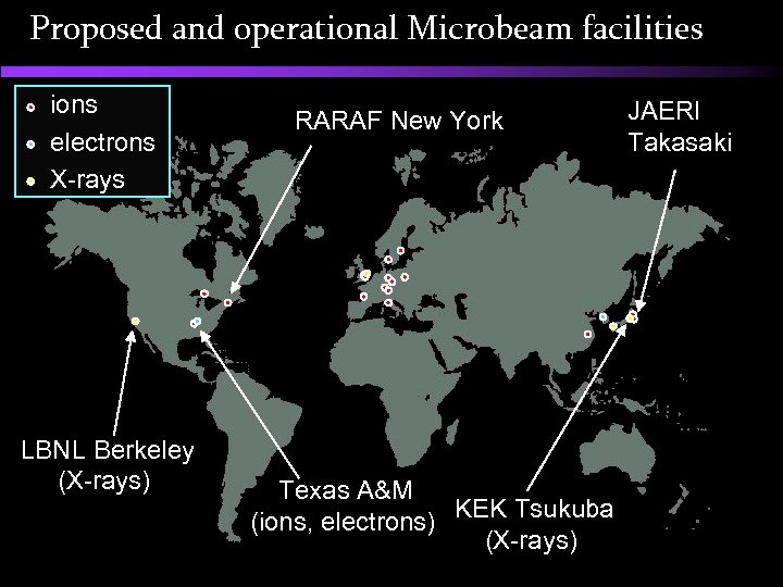 Proposed and operational Microbeam facilities ions electrons X-rays LBNL Berkeley (X-rays) RARAF New York