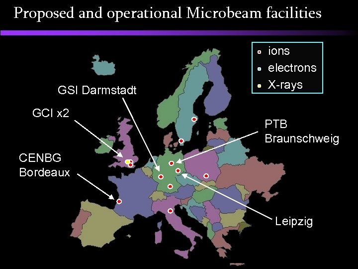 Proposed and operational Microbeam facilities GSI Darmstadt GCI x 2 ions electrons X-rays PTB