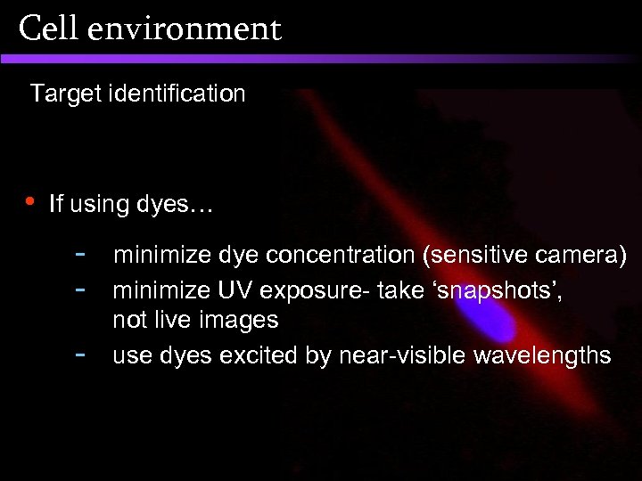 Cell environment Target identification • If using dyes… - minimize dye concentration (sensitive camera)