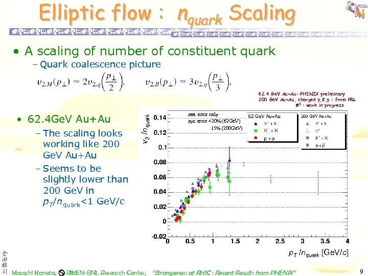 Elliptic flow : nquark Scaling • A scaling of number of constituent quark –