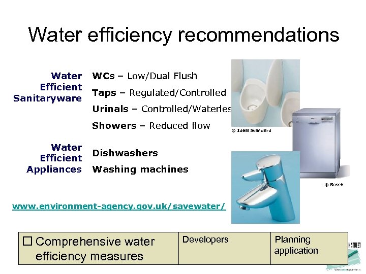Water efficiency recommendations Water Efficient Sanitaryware WCs – Low/Dual Flush Taps – Regulated/Controlled Urinals