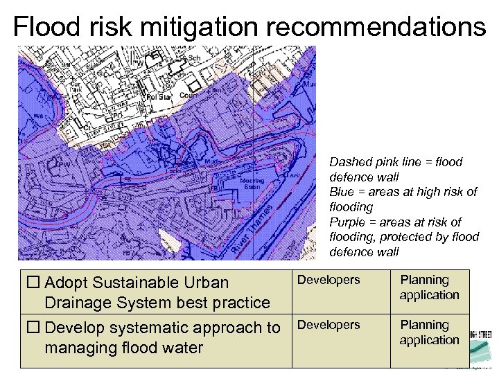 Flood risk mitigation recommendations Dashed pink line = flood defence wall Blue = areas