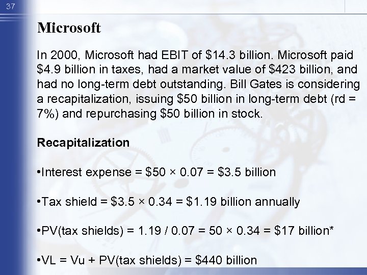 37 Microsoft In 2000, Microsoft had EBIT of $14. 3 billion. Microsoft paid $4.