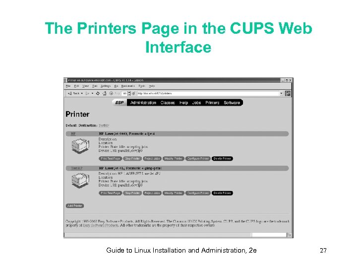 The Printers Page in the CUPS Web Interface Guide to Linux Installation and Administration,