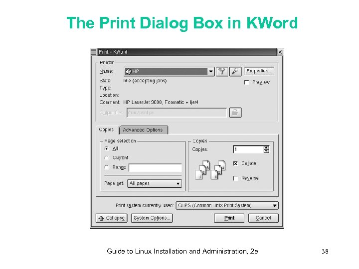 The Print Dialog Box in KWord Guide to Linux Installation and Administration, 2 e