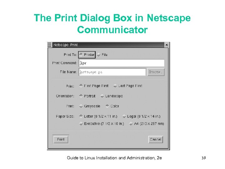The Print Dialog Box in Netscape Communicator Guide to Linux Installation and Administration, 2
