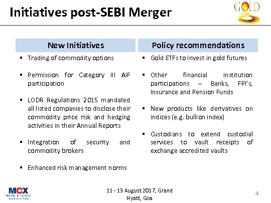 Initiatives post-SEBI Merger New Initiatives Policy recommendations § Trading of commodity options § Gold
