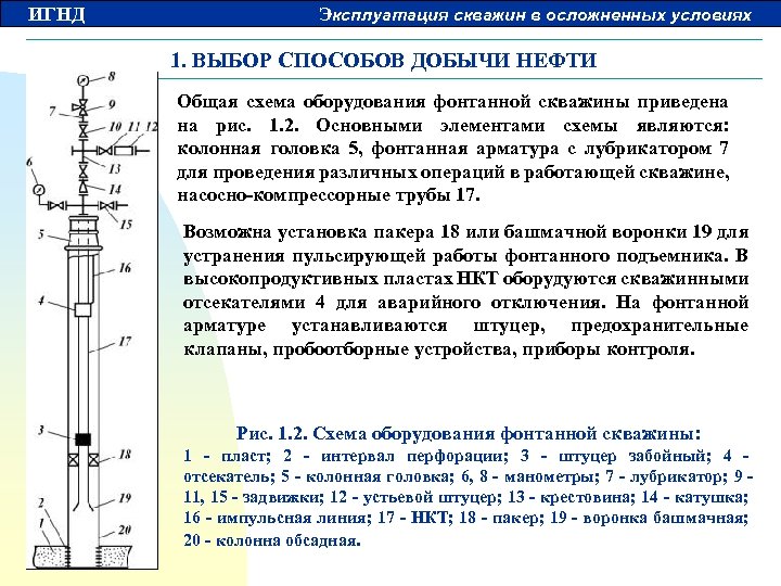 ИГНД Эксплуатация скважин в осложненных условиях 1. ВЫБОР СПОСОБОВ ДОБЫЧИ НЕФТИ Общая схема оборудования