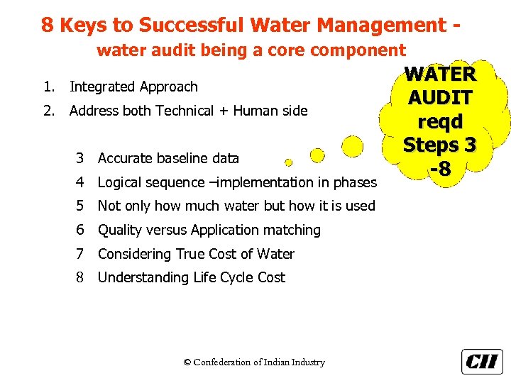 8 Keys to Successful Water Management water audit being a core component 1. Integrated