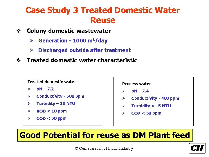 Case Study 3 Treated Domestic Water Reuse v Colony domestic wastewater Ø Generation -