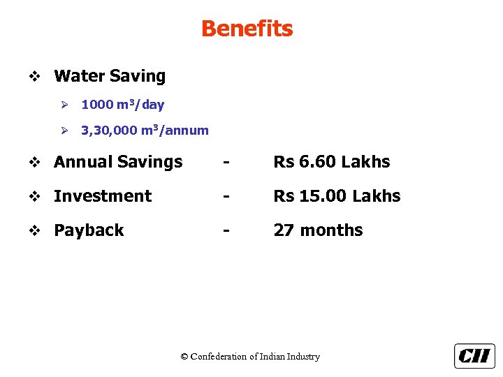 Benefits v Water Saving Ø 1000 m 3/day Ø 3, 30, 000 m 3/annum