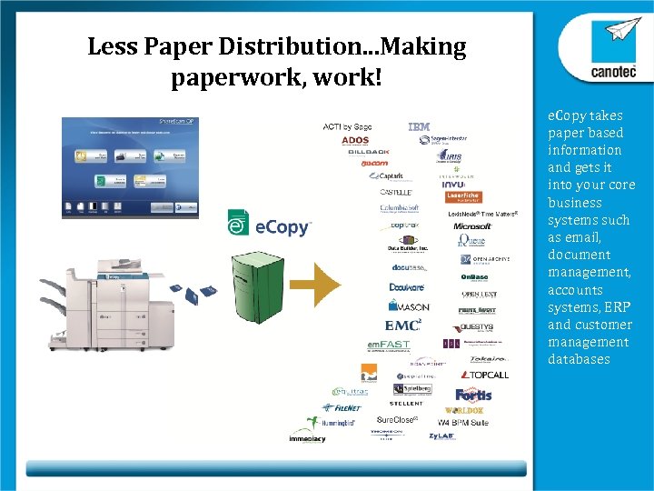 Less Paper Distribution. . . Making paperwork, work! e. Copy takes paper based information