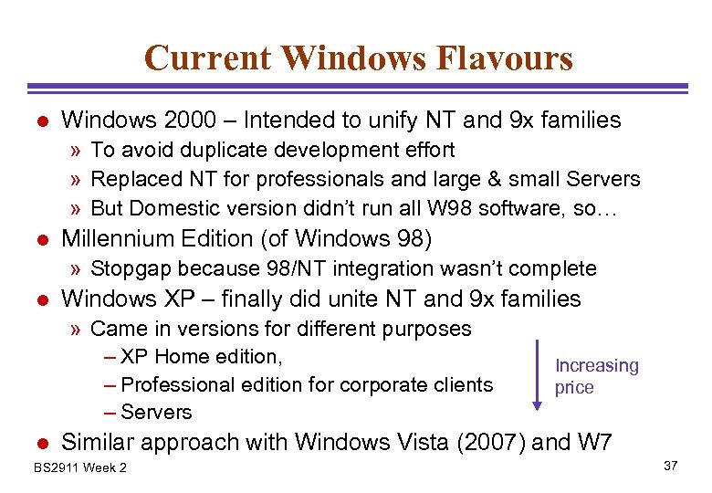 Current Windows Flavours l Windows 2000 – Intended to unify NT and 9 x