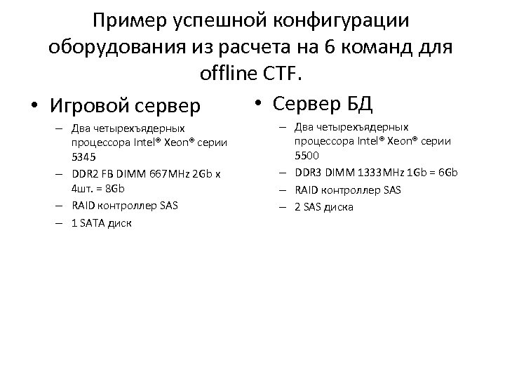 Пример успешной конфигурации оборудования из расчета на 6 команд для offline CTF. • Сервер