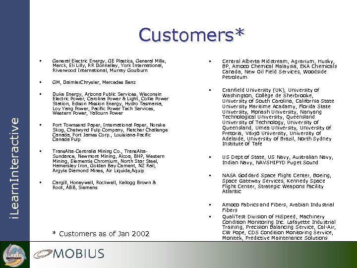 Customers* § Duke Energy, Arizona Public Services, Wisconsin Electric Power, Carolina Power & Light,