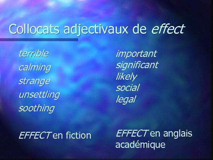 Collocats adjectivaux de effect terrible calming strange unsettling soothing important significant likely social legal
