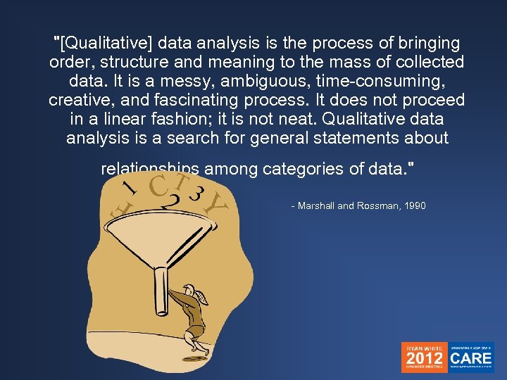 "[Qualitative] data analysis is the process of bringing order, structure and meaning to the