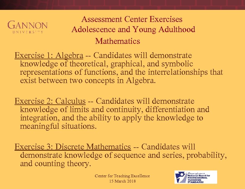  Assessment Center Exercises Adolescence and Young Adulthood Mathematics Exercise 1: Algebra -- Candidates