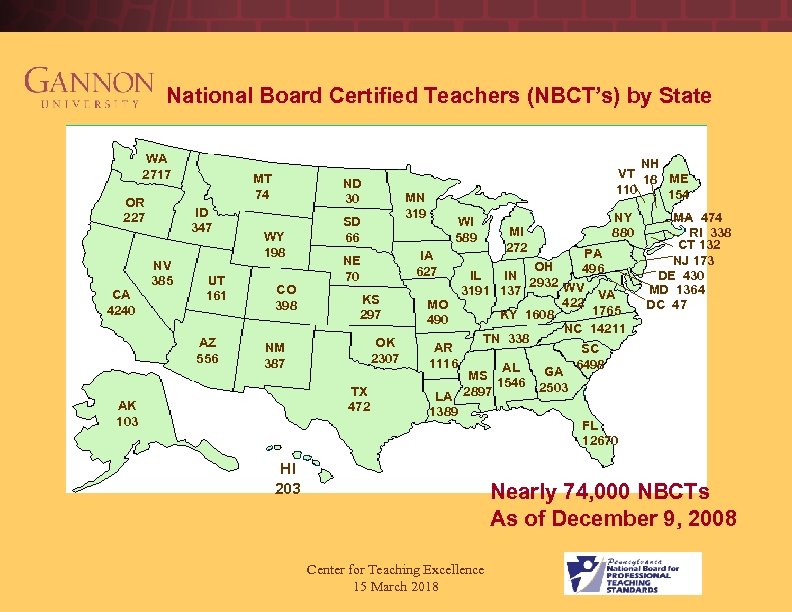 National Board Certified Teachers (NBCT’s) by State WA 2717 OR 227 CA 4240 MT