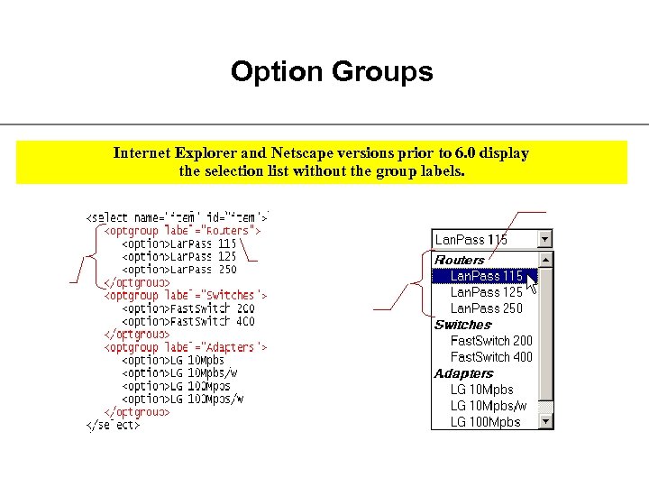 Option Groups Internet Explorer and Netscape versions prior to 6. 0 display the selection