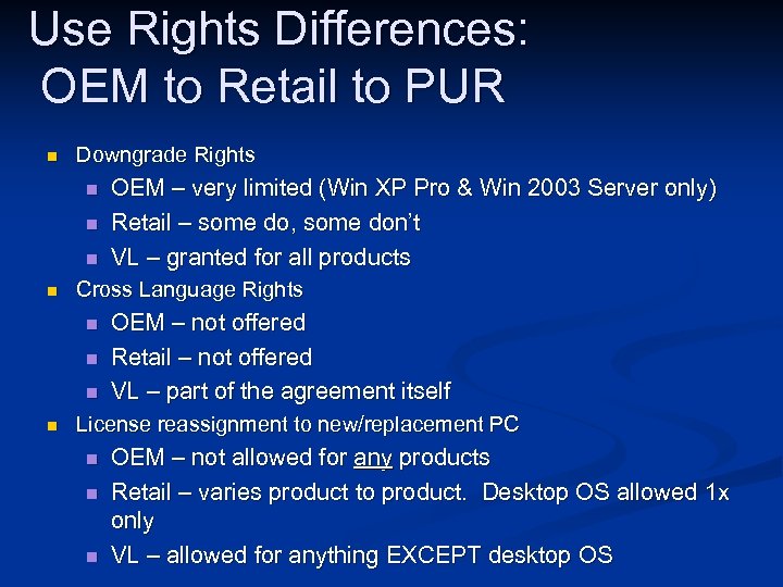 Use Rights Differences: OEM to Retail to PUR n Downgrade Rights n n Cross