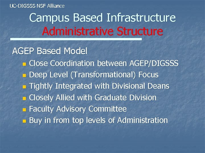 UC-DIGSSS NSF Alliance Campus Based Infrastructure Administrative Structure AGEP Based Model Close Coordination between