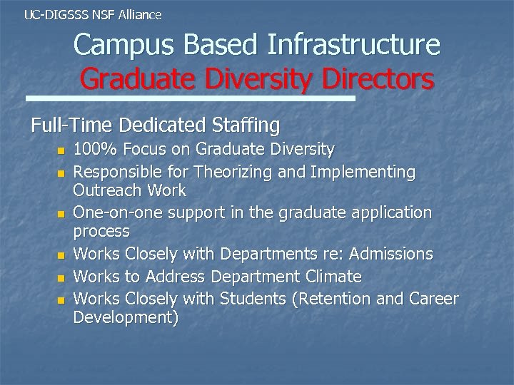 UC-DIGSSS NSF Alliance Campus Based Infrastructure Graduate Diversity Directors Full-Time Dedicated Staffing n n