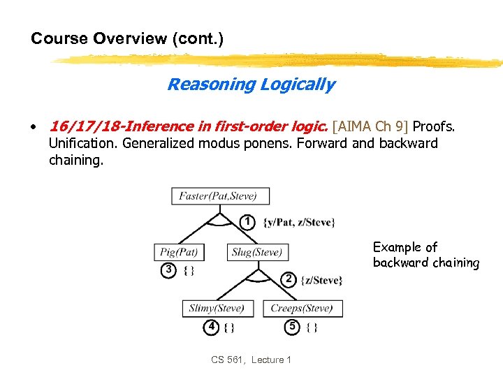 Course Overview (cont. ) Reasoning Logically • 16/17/18 -Inference in first-order logic. [AIMA Ch