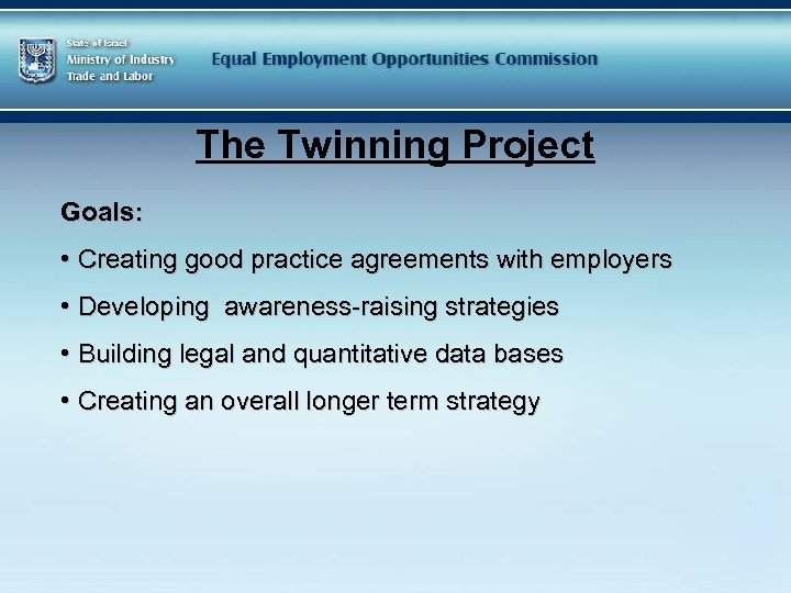 The Twinning Project Goals: • Creating good practice agreements with employers • Developing awareness-raising