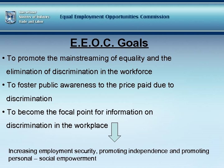 E. E. O. C. Goals • To promote the mainstreaming of equality and the