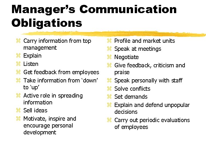 Manager’s Communication Obligations z Carry information from top management z Explain z Listen z