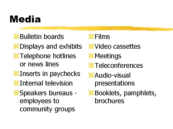 Media z Bulletin boards z Displays and exhibits z Telephone hotlines or news lines