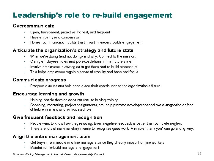 Leadership’s role to re-build engagement Overcommunicate Open, transparent, proactive, honest, and frequent Have empathy