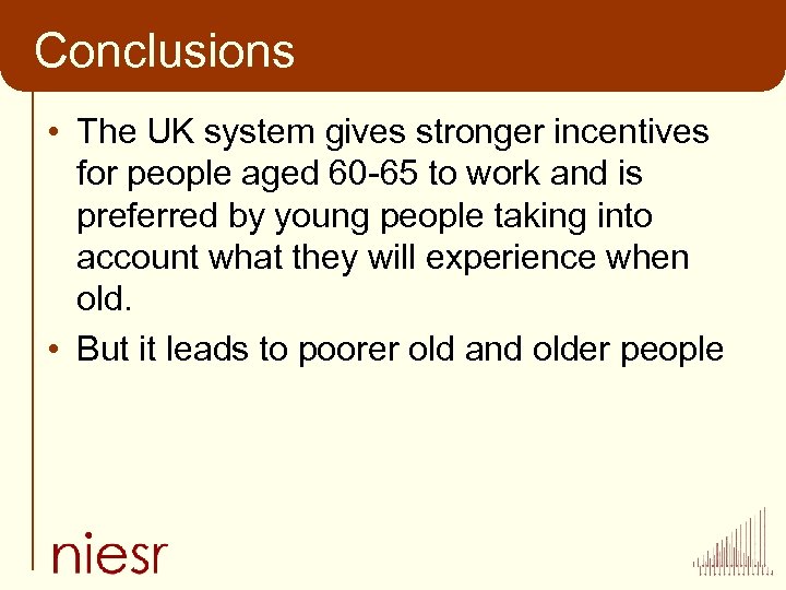 Conclusions • The UK system gives stronger incentives for people aged 60 -65 to