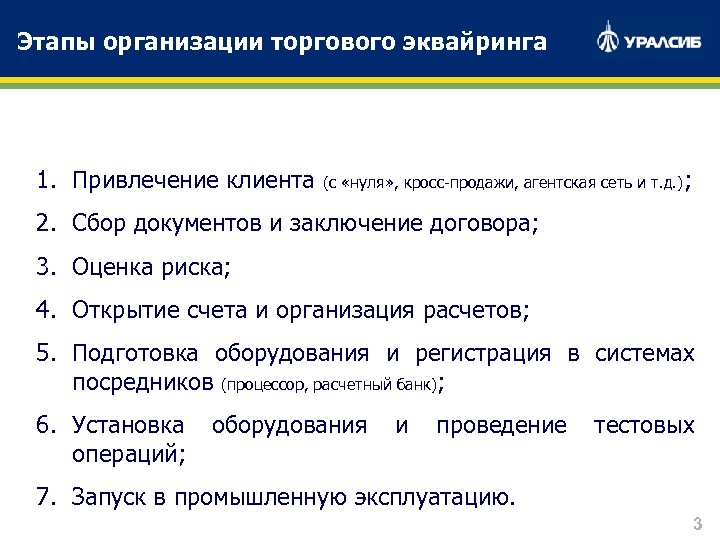 Этапы организации торгового эквайринга 1. Привлечение клиента (с «нуля» , кросс-продажи, агентская сеть и