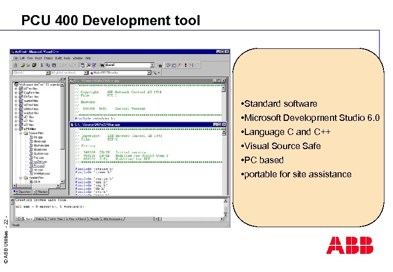 PCU 400 Development tool • Standard software • Microsoft Development Studio 6. 0 •