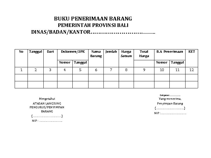 BUKU PENERIMAAN BARANG PEMERINTAH PROVINSI BALI DINAS/BADAN/KANTOR………………. . No Tanggal Dari Dokumen/SPK Nomor 1