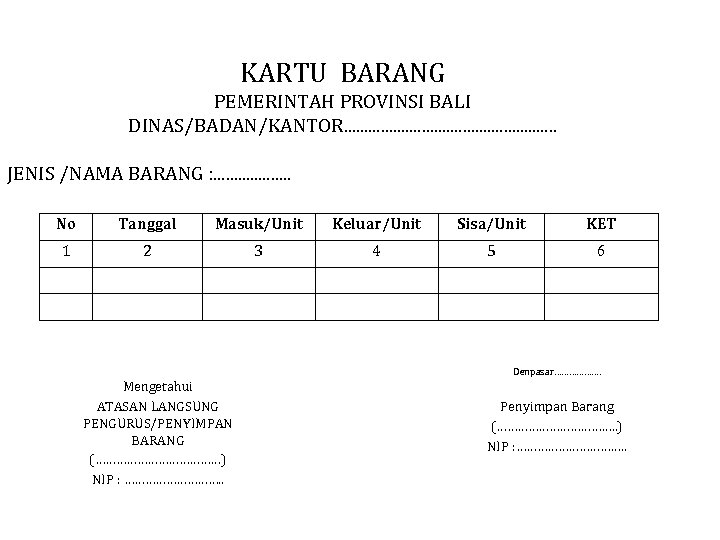 KARTU BARANG PEMERINTAH PROVINSI BALI DINAS/BADAN/KANTOR. . . . JENIS /NAMA BARANG : .