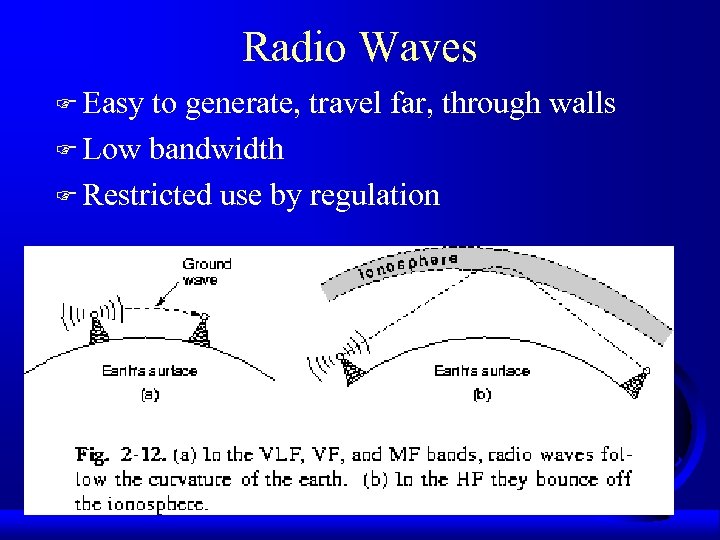 Radio Waves F Easy to generate, travel far, through walls F Low bandwidth F