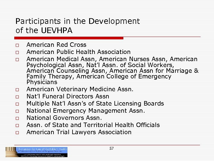 Participants in the Development of the UEVHPA o o o o o American Red