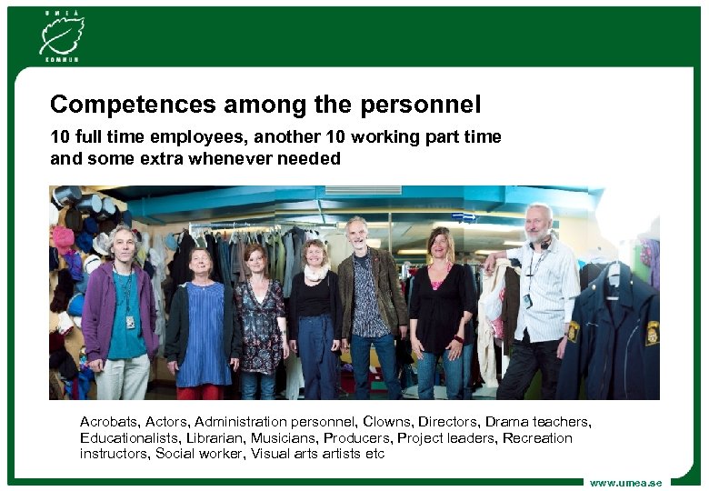 Competences among the personnel 10 full time employees, another 10 working part time and