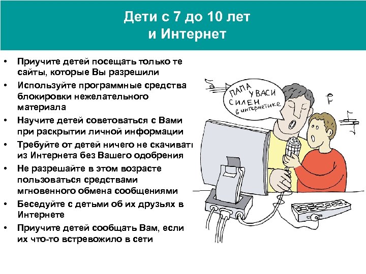 Дети с 7 до 10 лет и Интернет • • Приучите детей посещать только